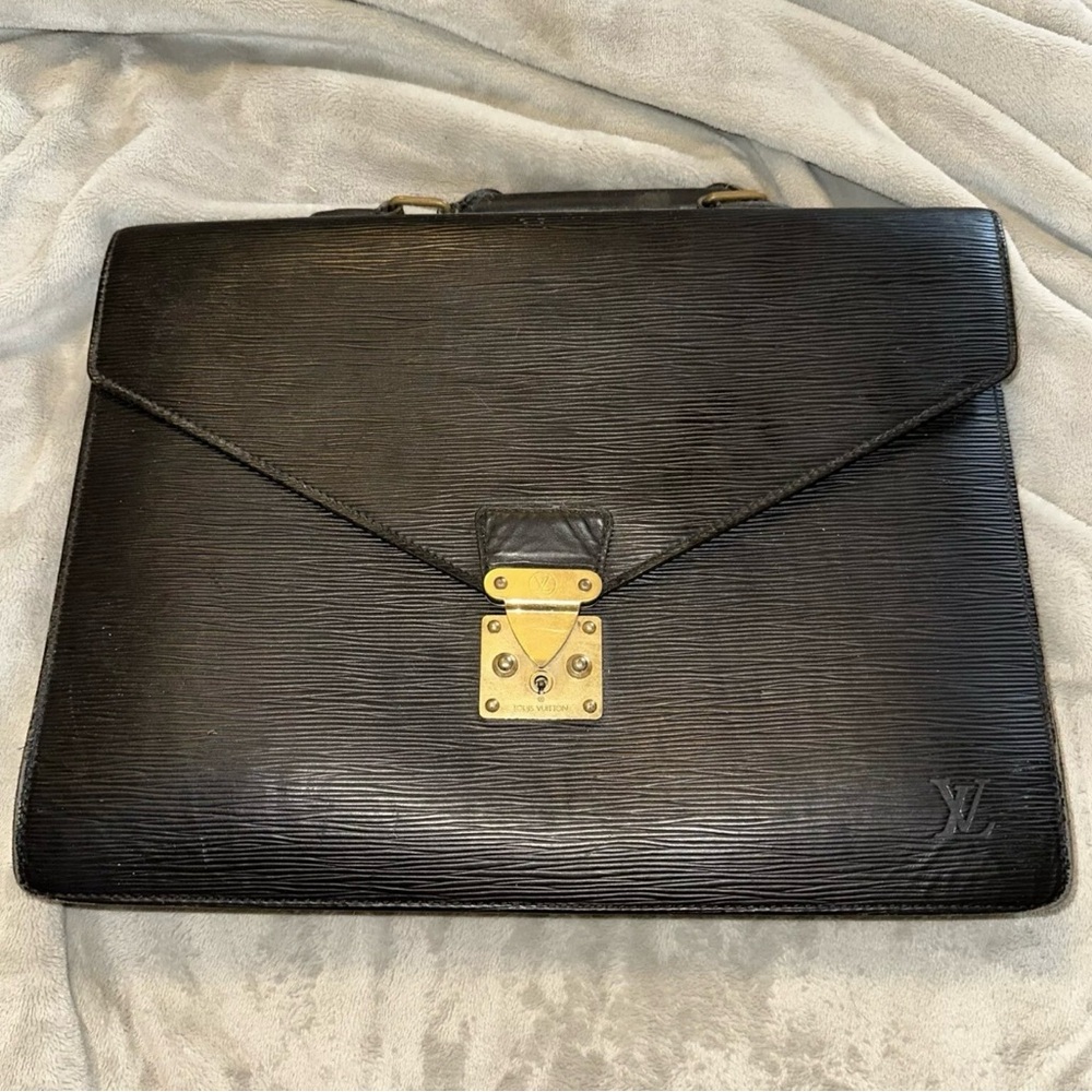 Louis Vuitton Black Leather Briefcase with Gold Clasp
